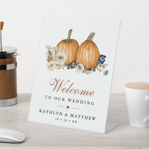 Botanical Autumn Pumpkin Fall Wedding Welcome Pedestal Sign