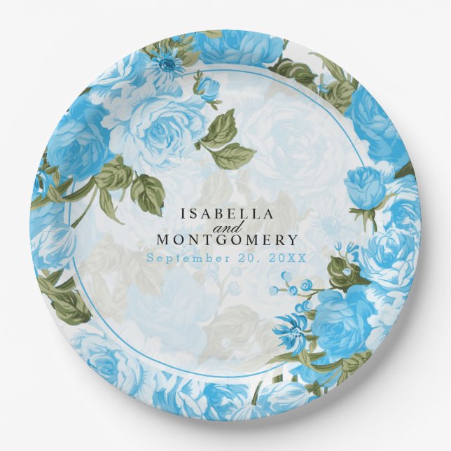 Botanical Baby Blue Floral Design Paper Plates (Front)