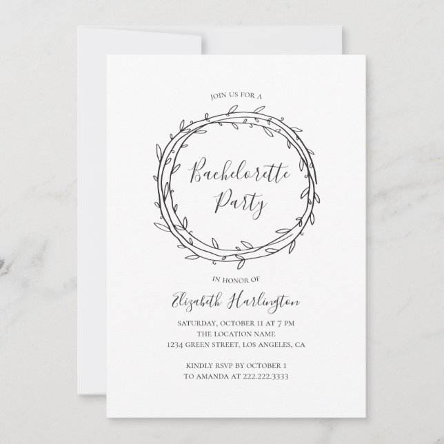 Botanical bachelorette party. Black and white Invitation (Front)