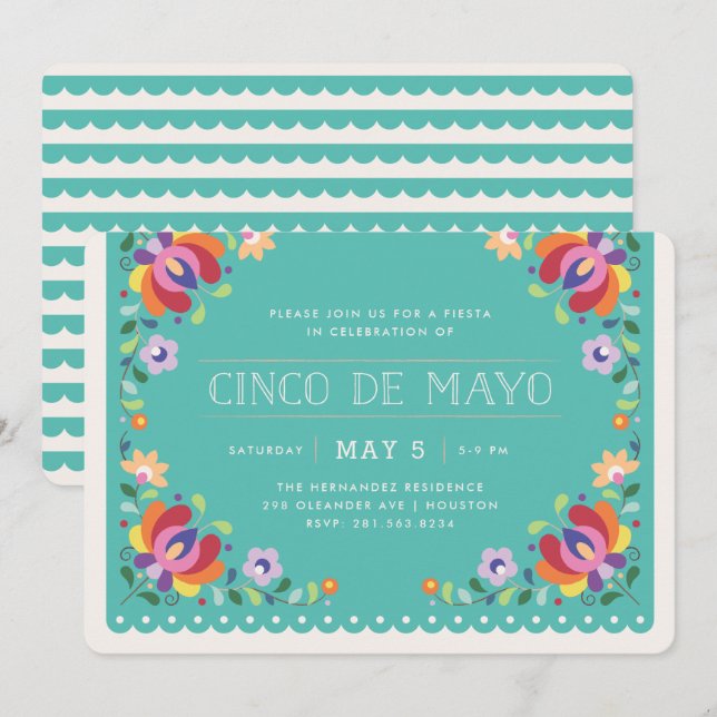 Botanical Banner Fiesta Invitation - Turquoise (Front/Back)