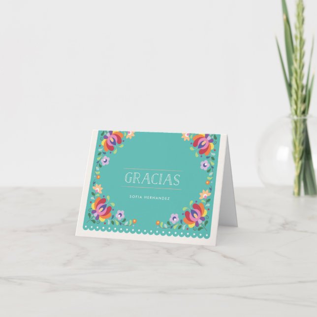Botanical Banner Gracias Note Card - Turquoise (Front)