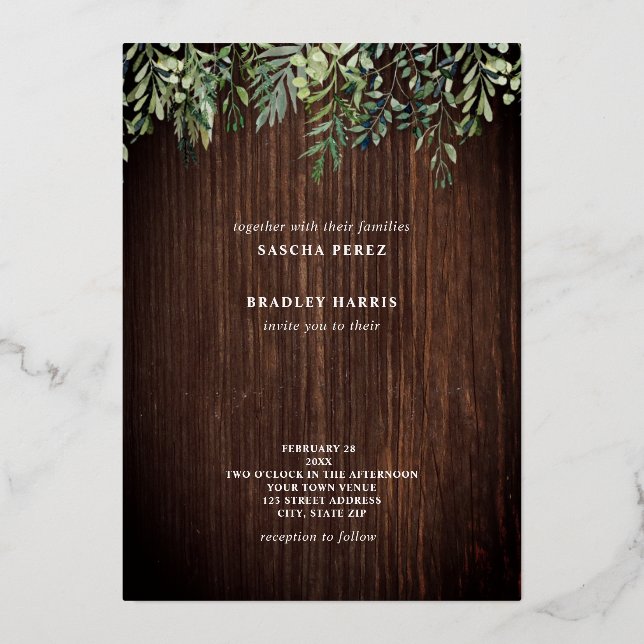 Botanical Barnwood Sparkle String Lights Wedding Foil Invitation (Front)