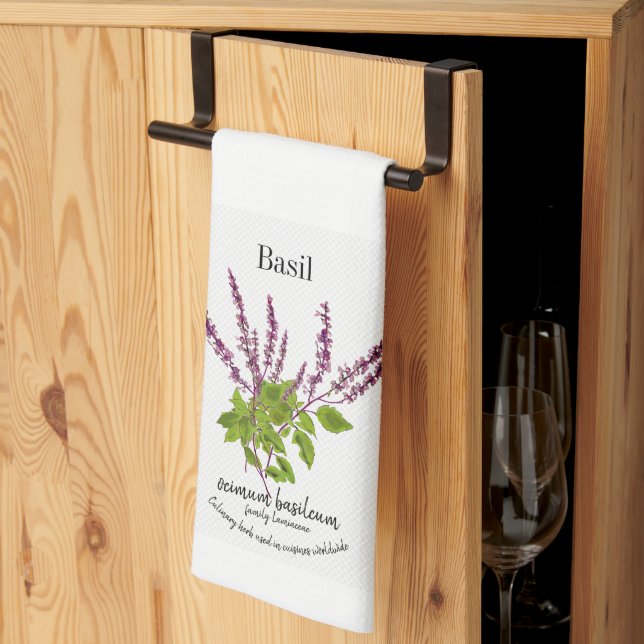 Botanical Basil Plant Art flowers, and Text Kitchen Towel (Thirds Fold)