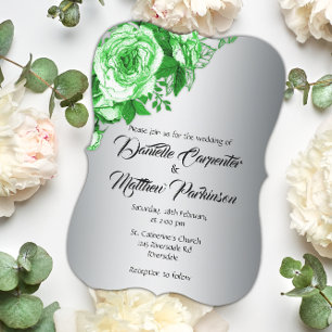 Botanical Beauty: Green Roses, Silver Wedding Invitation