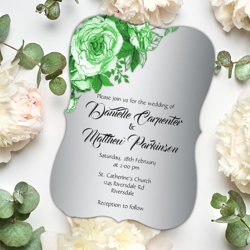 Botanical Beauty Green Roses Silver Wedding Invitation