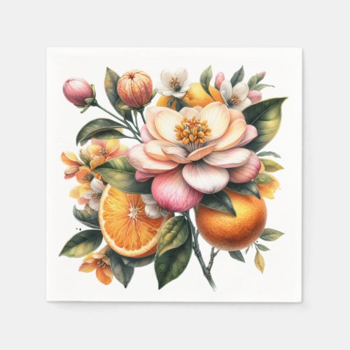 Botanical Beauty Orange and Pink Blossoms Napkins