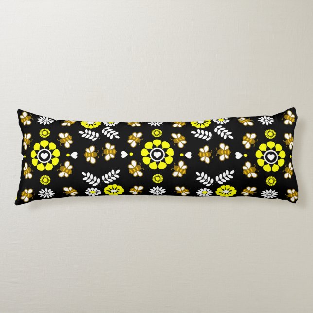 Botanical Bee Flower Pattern Body Pillow (Front)