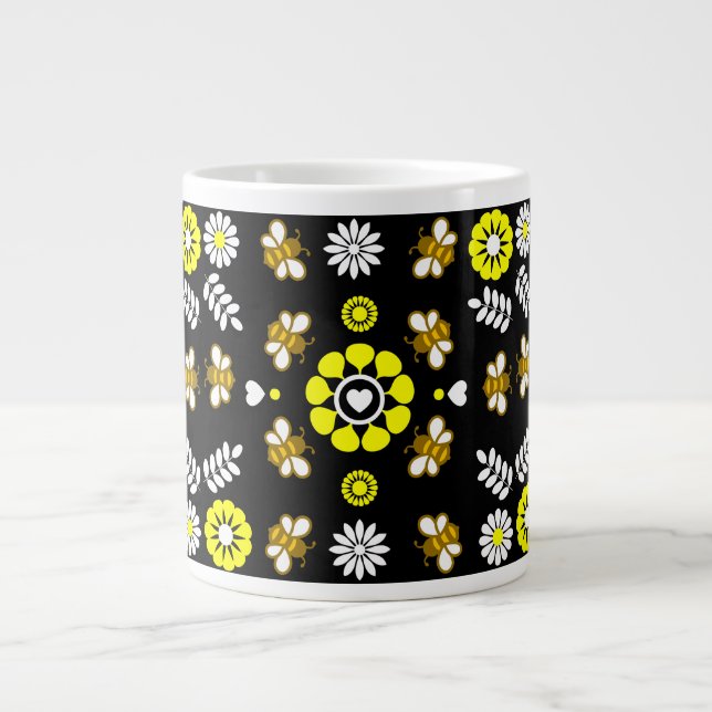 Botanical Bee Flower Pattern Giant Coffee Mug (Front)