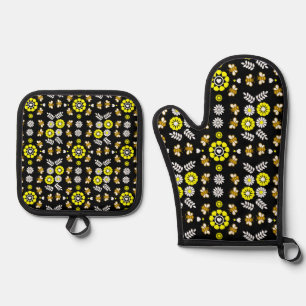 Botanical Bee Flower Pattern Oven Mitt & Pot Holder Set