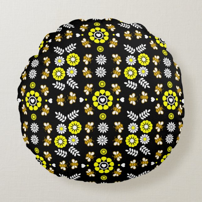 Botanical Bee Flower Pattern Round Pillow (Front)