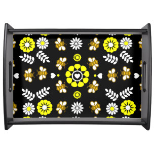Botanical Bee Flower Pattern Serving Tray