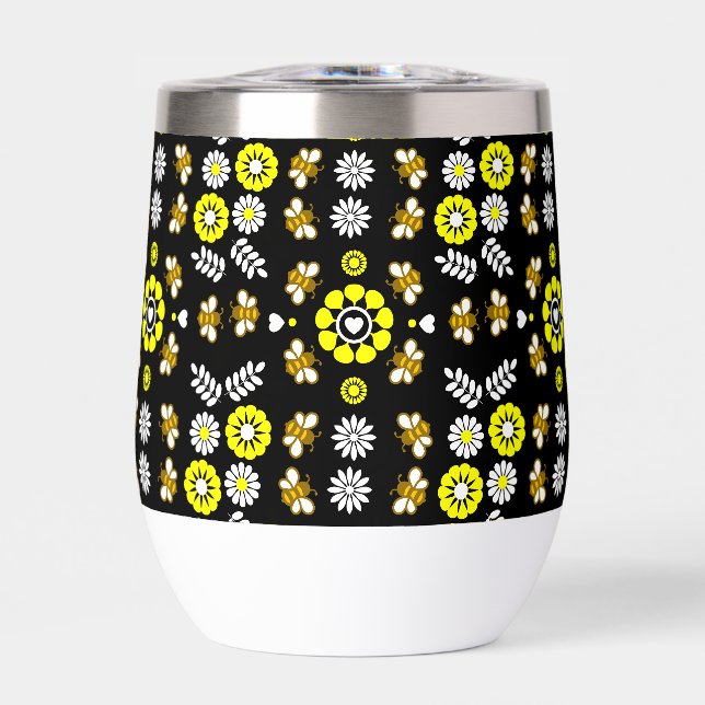 Botanical Bee Flower Pattern Thermal Wine Tumbler (Front)