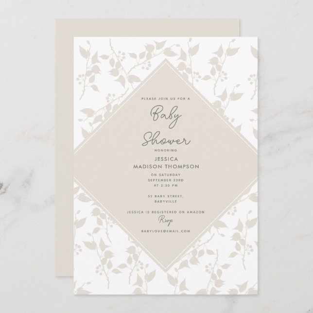 Botanical Beige Decorative Leaf Baby Shower Invitation (Front/Back)