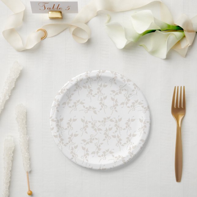 Botanical Beige Decorative Leaf Pattern  Paper Plates (Wedding)