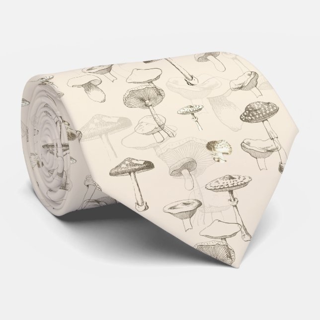 Botanical Beige Forest Mushroom Pattern Neck Tie (Rolled)