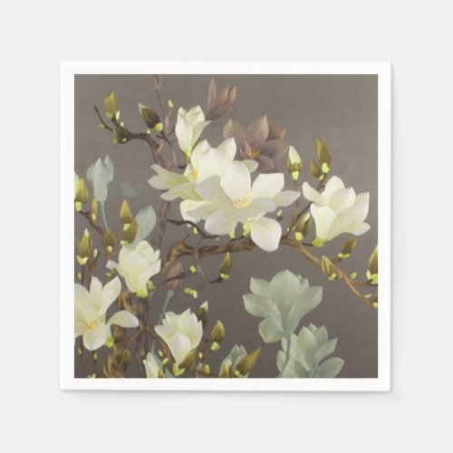 botanical beige ivory Embroidery floral magnolia Napkins