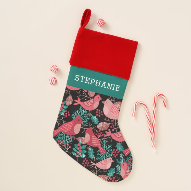 Botanical Berries Birds Personalized Christmas Stocking (Front)