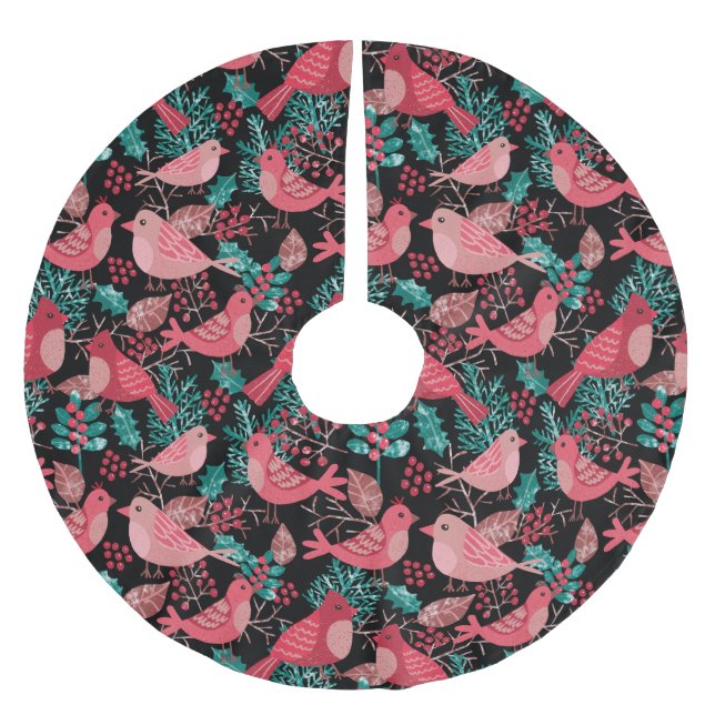 Botanical Berries Birds Winter Foliage Brushed Polyester Tree Skirt (Front)
