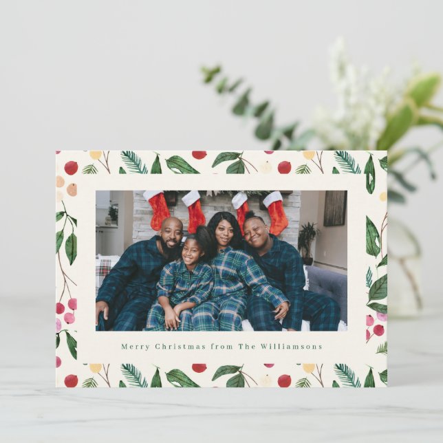Botanical Berries Greenery Christmas Family Photo  Holiday Card (Standing Front)