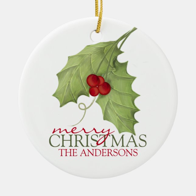 Botanical Berries Rustic Holiday Custom Family Ceramic Ornament (Front)