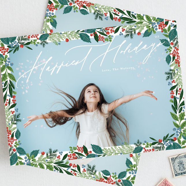 Botanical berry frame classic multi photo HAPPIEST Holiday Card (Creator Uploaded)