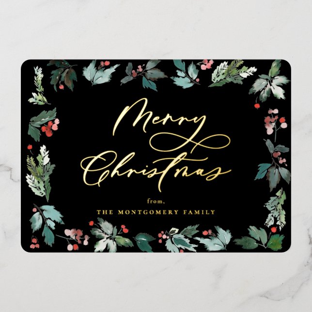 Botanical Berry Frame Festive Christmas Script Foil Holiday Card (Front)