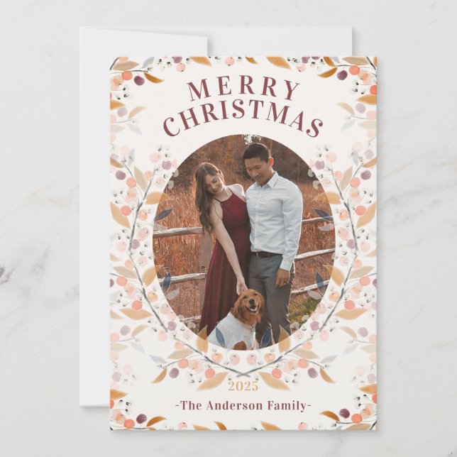 Botanical Berry Framed Photo Holiday Card (Front)