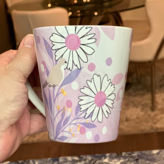 Botanical Bird Floral Nature Latte Mug (Beautiful pink latte coffee mug with a tropical bird and abstract floral design)