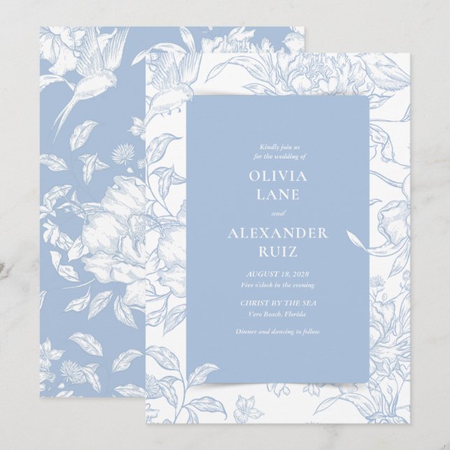 Botanical Bird French Blue Floral Wedding Invitation (Front/Back)