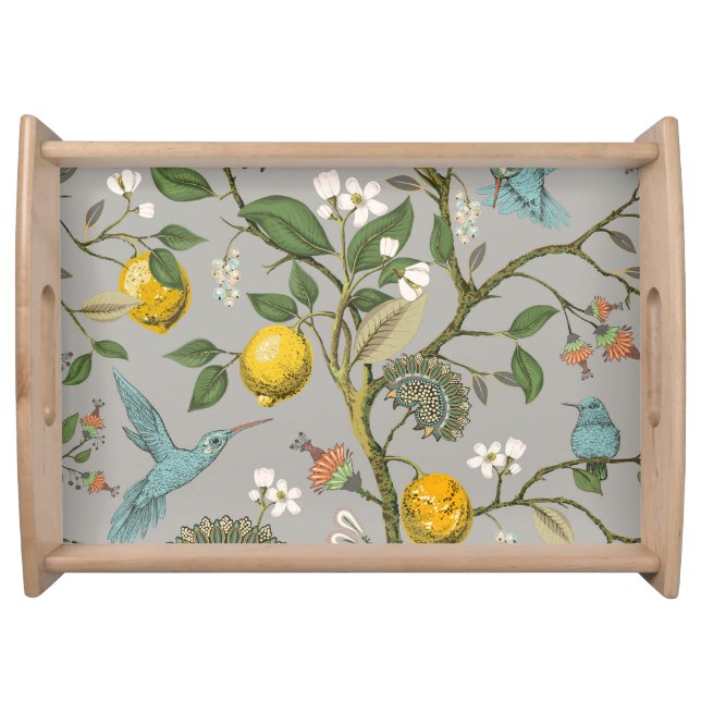 Botanical Birds Flowers: Drawn Vintage Wallpaper Serving Tray (Front)