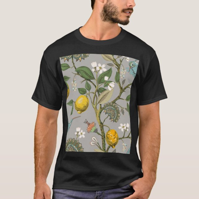 Botanical Birds Flowers: Drawn Vintage Wallpaper T-Shirt (Front)