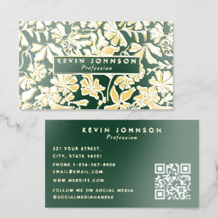 Botanical Birds Gold Foil Green QR Code Luxury Business Cards
