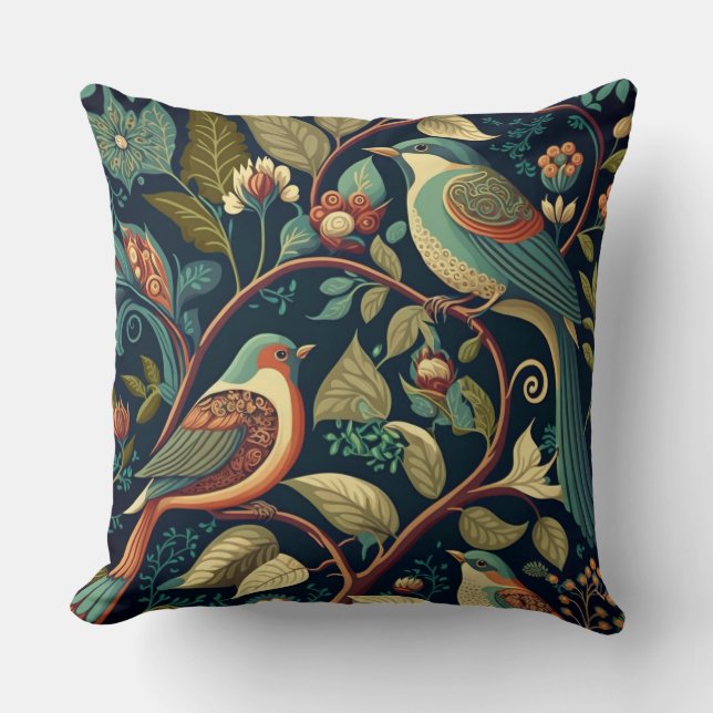 Botanical Birds Throw Pillow (Front)