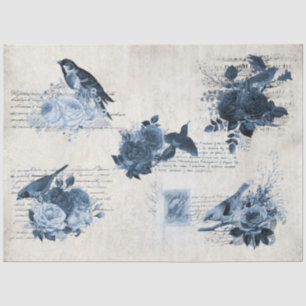 Botanical Birds Vintage Blue Flowers Decoupage Tissue Paper
