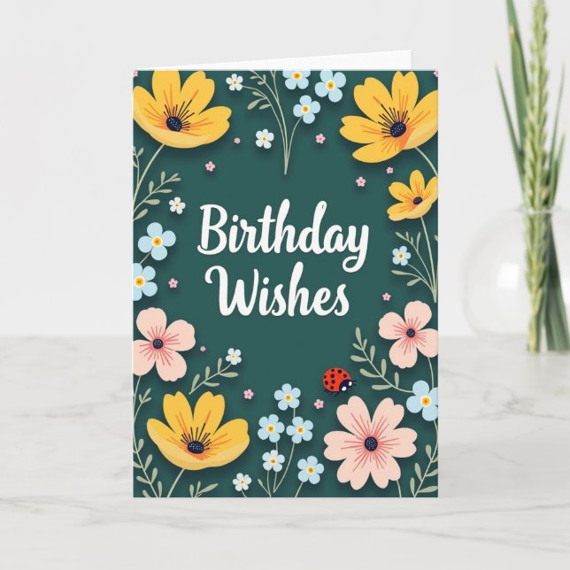 Botanical Birthday Wishes Teal Card (Front)