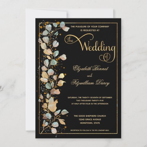 Botanical Black and Gold Photo Monogram Wedding Invitation