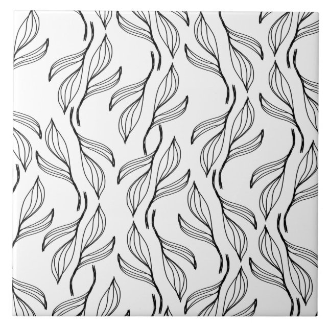 Botanical Black and White Leaves Art Pattern Ceramic Tile (Front)