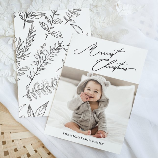 Botanical Black and White Merriest Christmas Photo Holiday Card (Creator Uploaded)