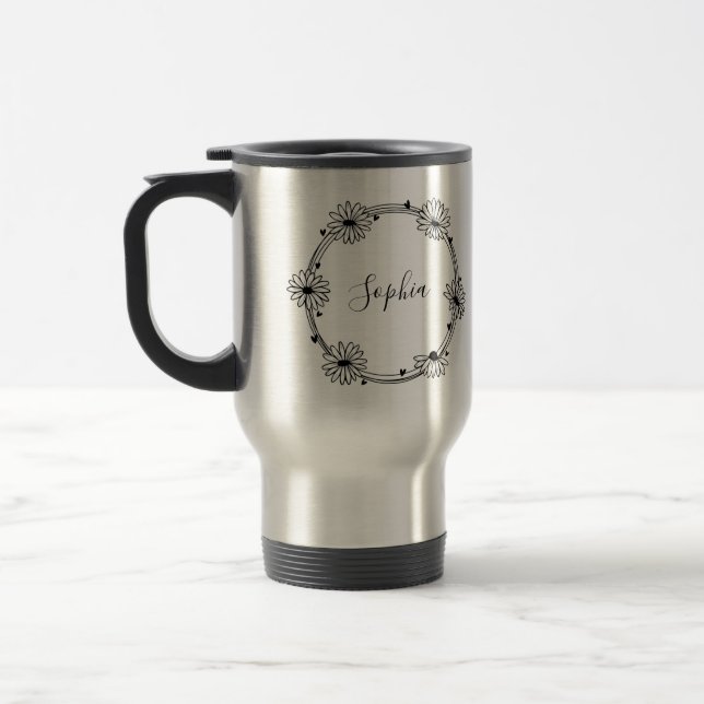 Botanical black and white name travel mug (Left)