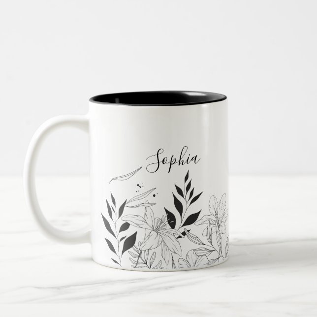 Botanical black and white name Two-Tone coffee mug (Left)