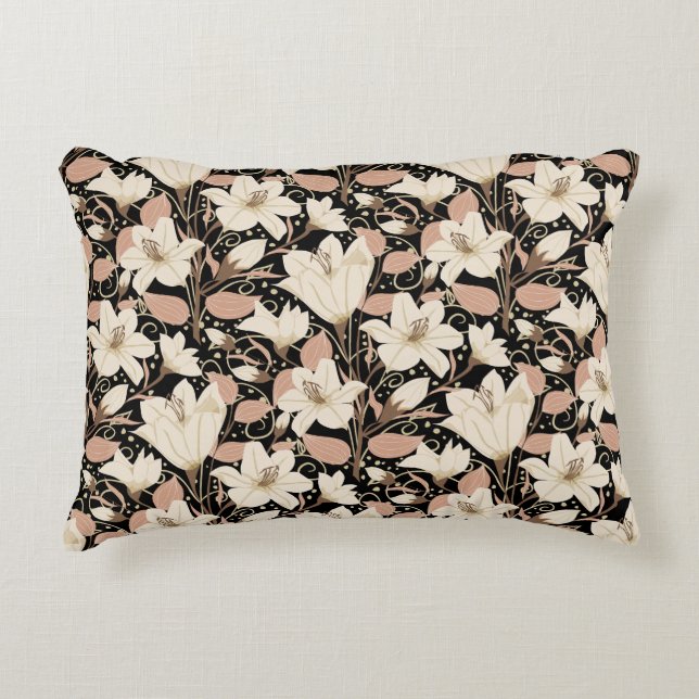 Botanical Black Beige Lily Floral Pattern   Accent Pillow (Front)