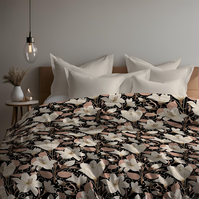 Botanical Black Beige Lily Floral Pattern   Duvet Cover (Creator Uploaded)