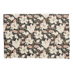 Botanical Black Beige Lily Floral Pattern Pillow Case