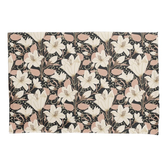 Botanical Black Beige Lily Floral Pattern   Pillow Case (Front-Left)