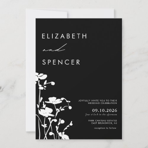 Botanical Black Floral Modern Wedding  Invitation