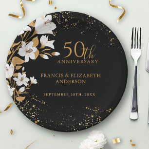Botanical Black Gold  50th Wedding Anniversary Paper Plates