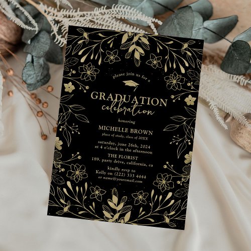 Botanical Black  Gold Graduation Party Invitation