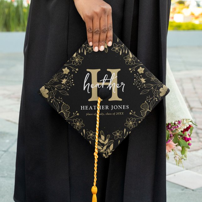 Botanical Black & Gold Monogram Graduate Graduation Cap Topper (Creator Uploaded)