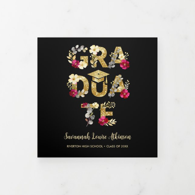 Botanical Black Gold Script 4 Photo Graduation Tri-Fold Announcement (Cover)
