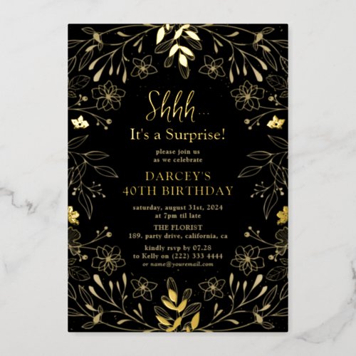 Botanical Black  Gold Surprise Birthday Party Foil Invitation